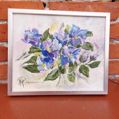 Smukt Margith Rehnman maleri med skønne lilla blomster.