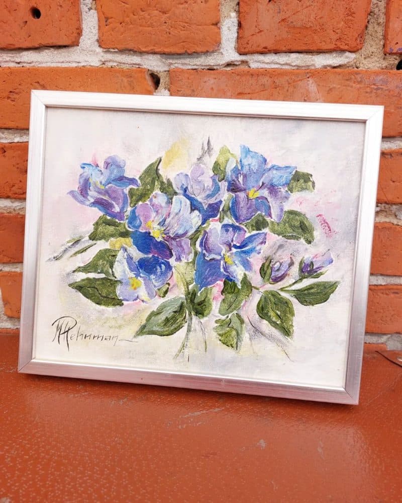Smukt Margith Rehnman maleri med skønne lilla blomster.